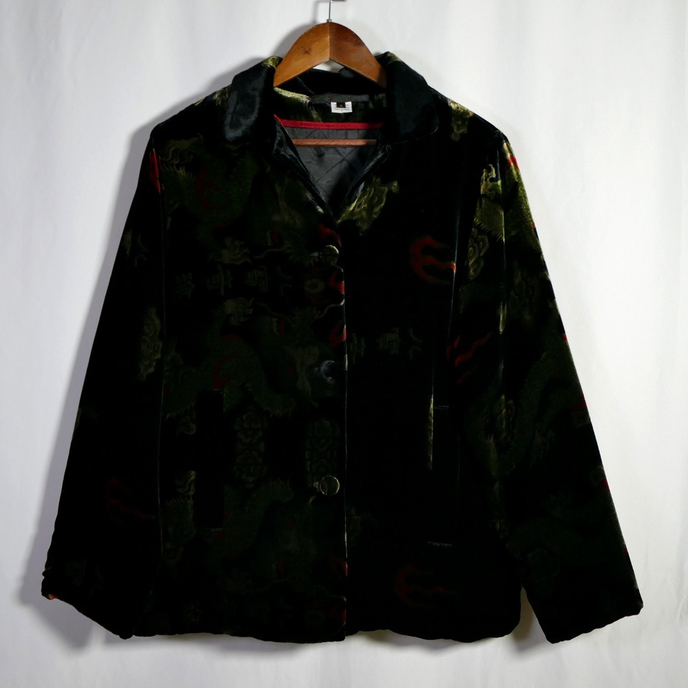 Simone Chin Chin Y2K Whimsigoth Dragon Print Velvet Blazer Size M Silk Grunge